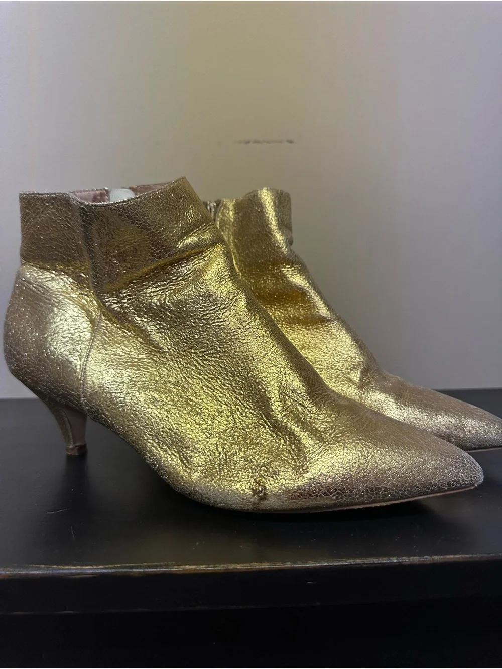 Anthropologie Metallic Gold Pointed-Toe Ankle Boots